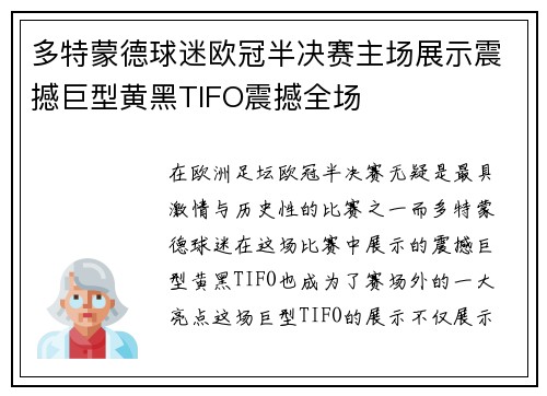 多特蒙德球迷欧冠半决赛主场展示震撼巨型黄黑TIFO震撼全场