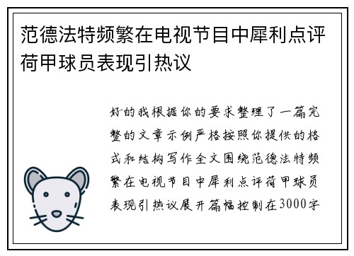 范德法特频繁在电视节目中犀利点评荷甲球员表现引热议