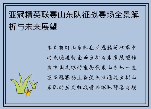 亚冠精英联赛山东队征战赛场全景解析与未来展望 亚冠精英联赛山东队征战赛场全景解析与未来展望